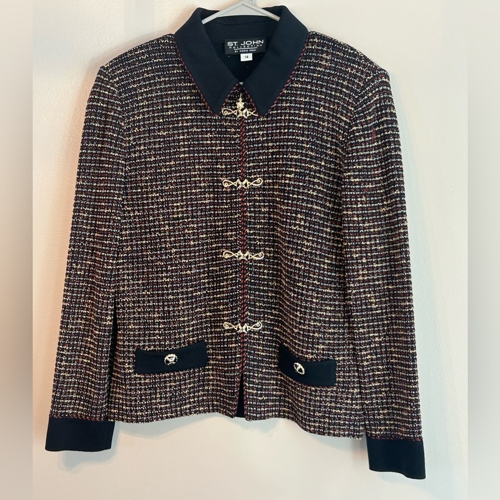 VTG St. John Collection Knit Jacket Blazer Size 14 Frog Closures Ornate Hardware